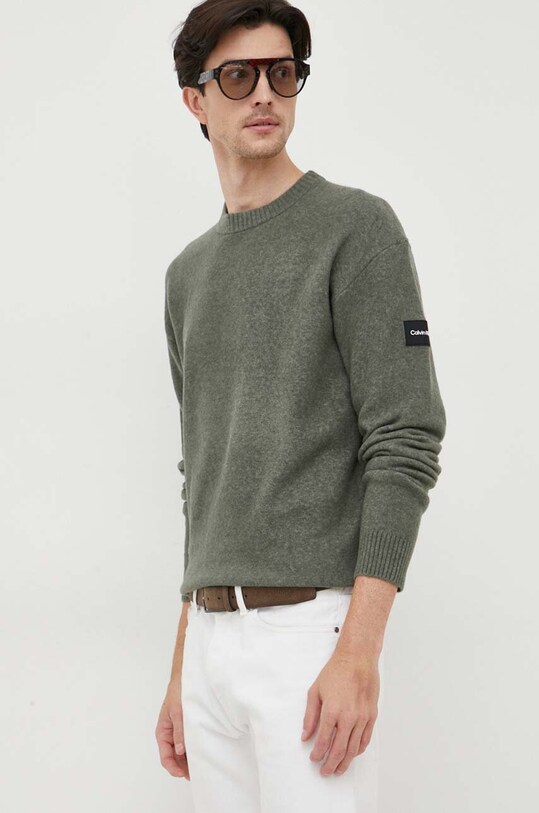 Calvin Klein sweter z domieszką wełny okrągły zielony K10K110401