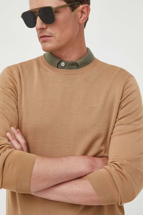 BOSS sweter wełniany okrągły beżowy 50468239