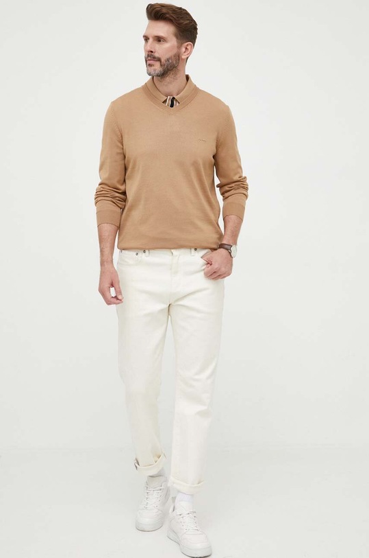 BOSS sweter wełniany 50476363 beżowy AW24