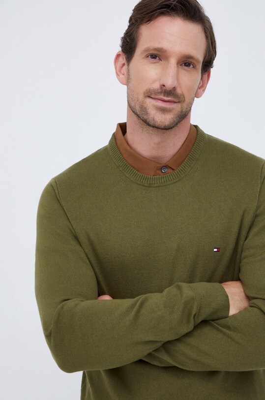 Tommy Hilfiger sweter z domieszką kaszmiru okrągły zielony MW0MW28046