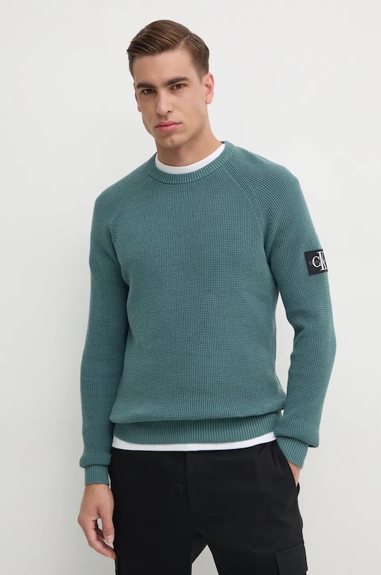 Bavlněný svetr Calvin Klein Jeans kulatý tyrkysová J30J323989