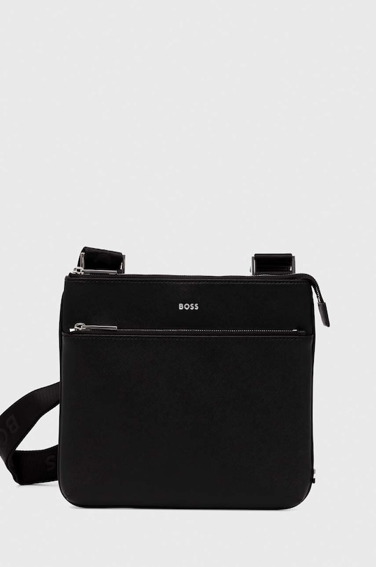 Кожена чанта през рамо BOSS гладка кожа черен 50483567