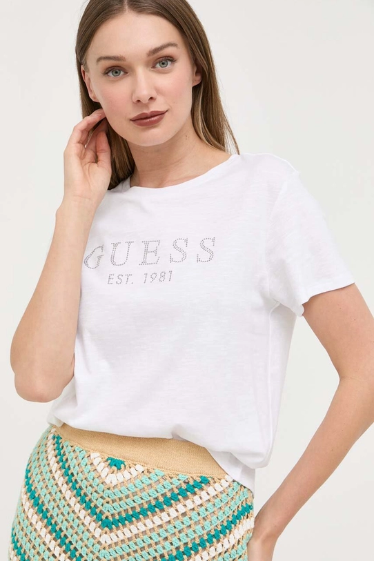 Guess t-shirt bawełniany CRYSTAL aplikacja biały W3GI76.K8G01