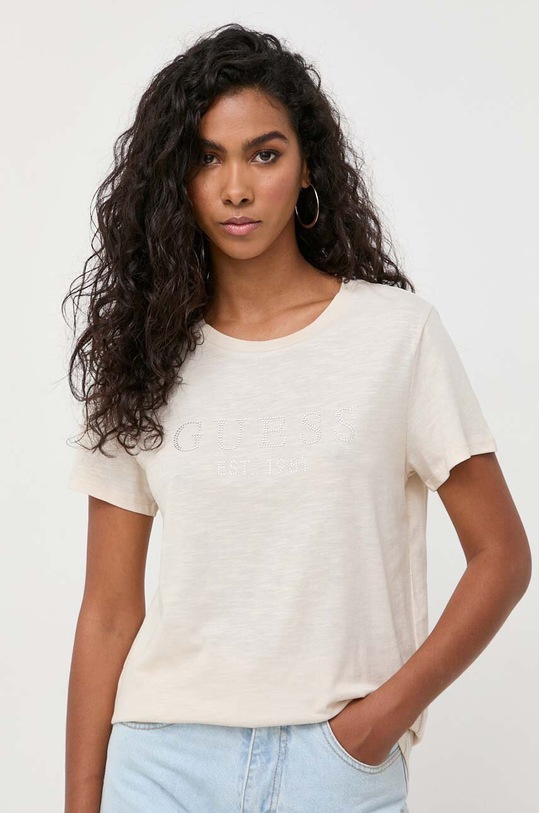 Guess t-shirt bawełniany CRYSTAL aplikacja beżowy W3GI76.K8G01