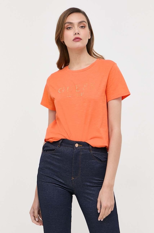 Guess t-shirt bawełniany CRYSTAL aplikacja pomarańczowy W3GI76.K8G01