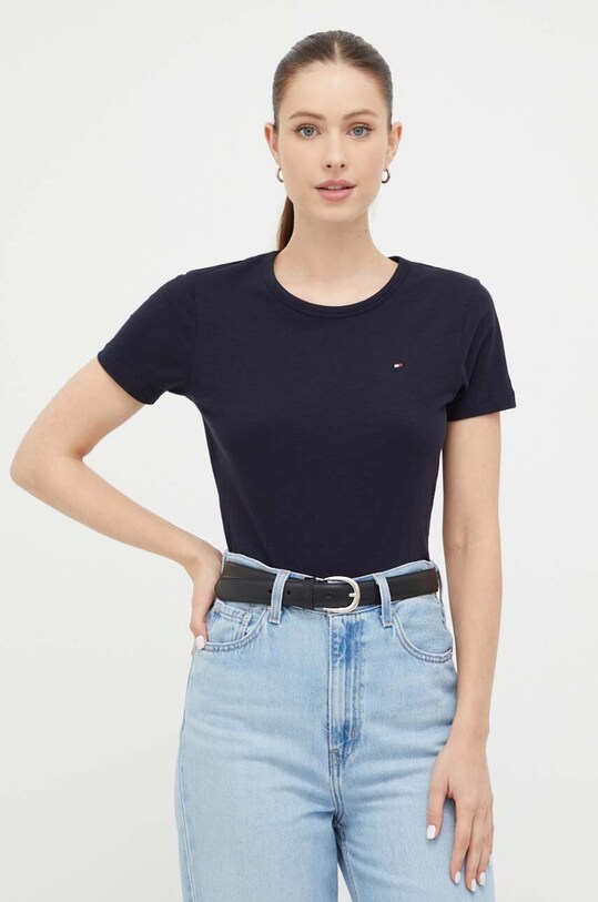 Памучна тениска Tommy Hilfiger изчистен тъмносин WW0WW37857