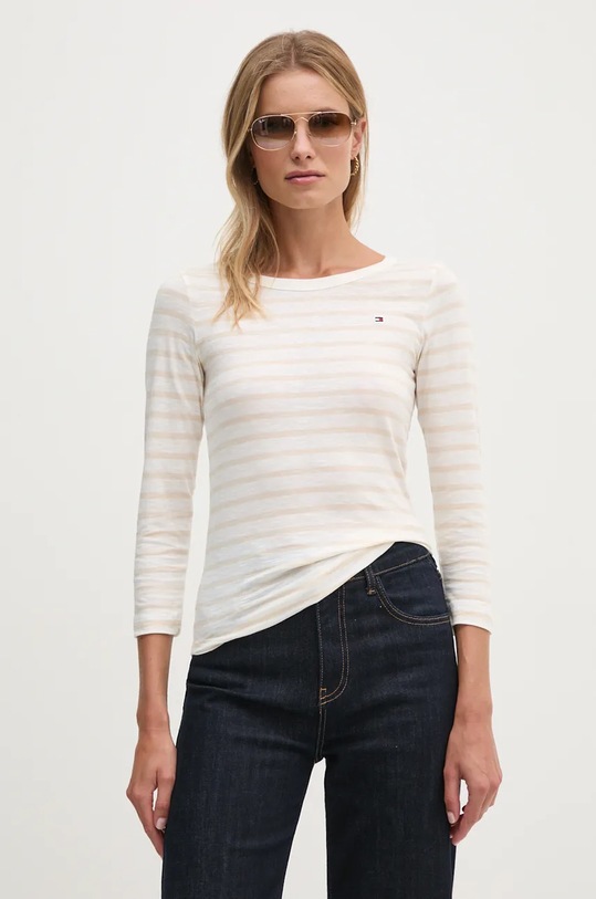 Pamučna majica dugih rukava Tommy Hilfiger bez uzorka bež WW0WW37861