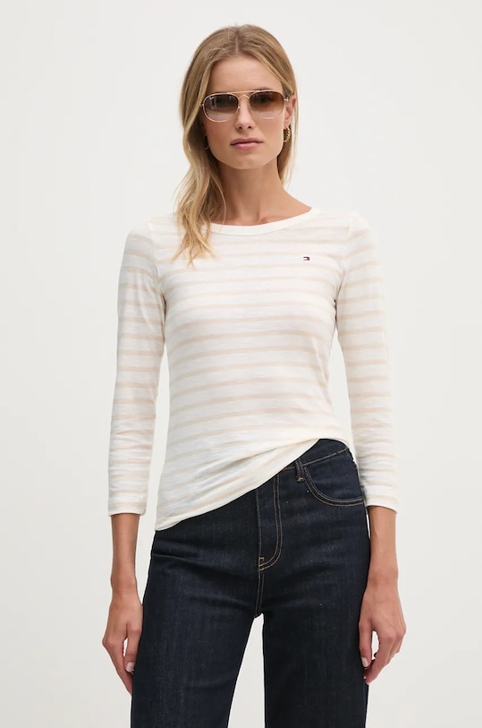 Pamučna majica dugih rukava Tommy Hilfiger bez uzorka bež WW0WW37861