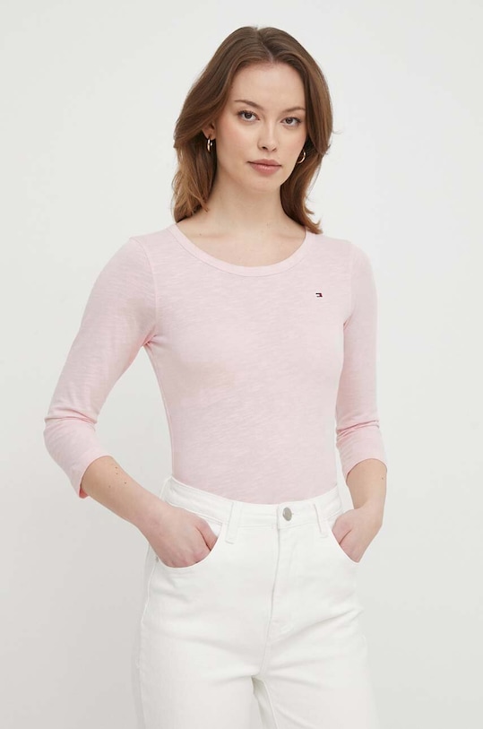 Bavlněné tričko s dlouhým rukávem Tommy Hilfiger růžová WW0WW37861