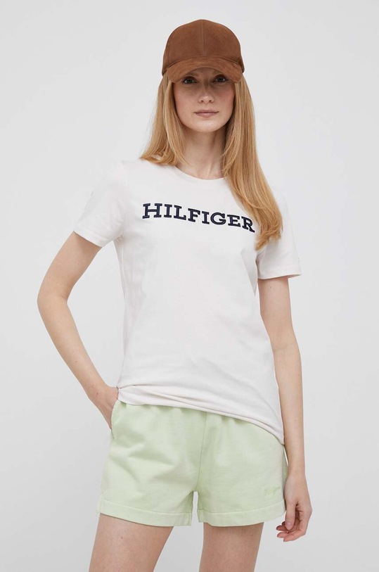 Bombažna kratka majica Tommy Hilfiger bež WW0WW40057