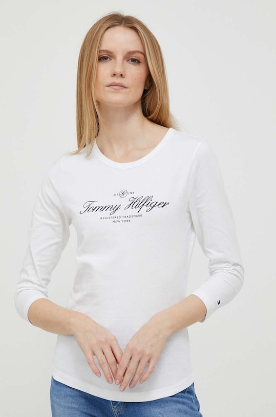 Бавовняний лонгслів Tommy Hilfiger бавовна білий WW0WW40527