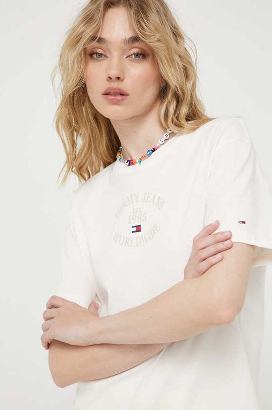 Tommy Jeans t-shirt bawełniany nadruk beżowy DW0DW16147