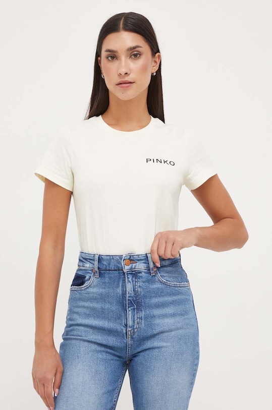 Pinko t-shirt bawełniany nadruk beżowy 100355.A13K
