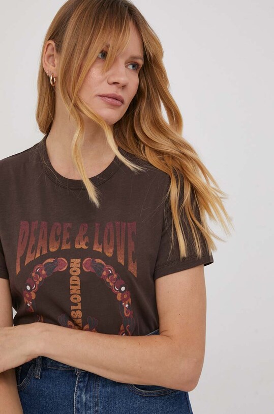 Pepe Jeans t-shirt bawełniany nadruk brązowy PL505664.874