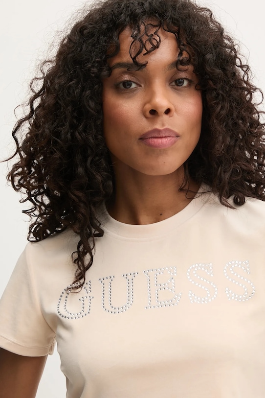 Guess tricou din velur COUTURE bej V3BI01.KBXI2