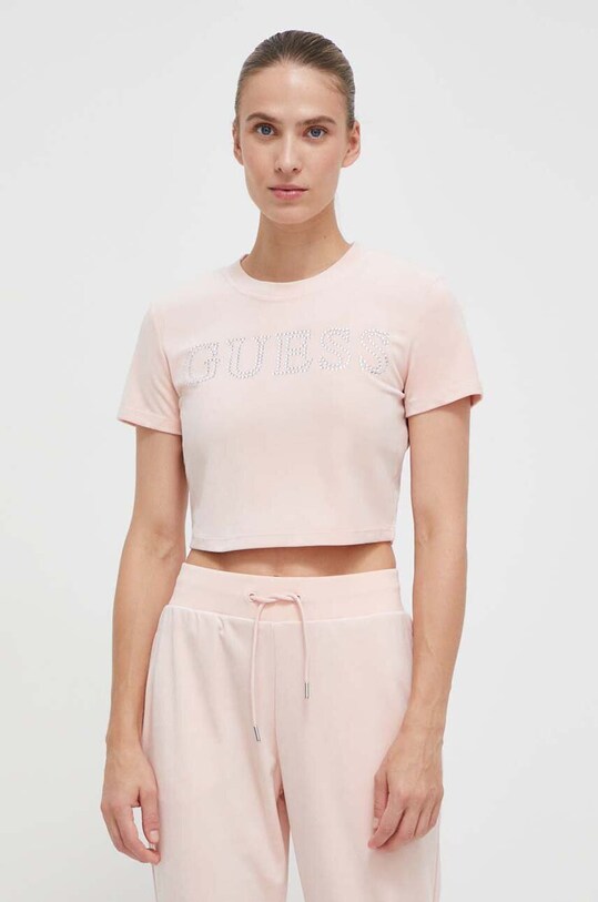 Guess tricou din velur COUTURE imprimeu roz V3BI01.KBXI2