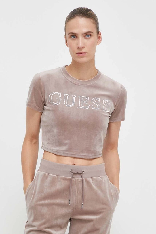 Guess t-shirt welurowy COUTURE aplikacja różowy V3BI01.KBXI2