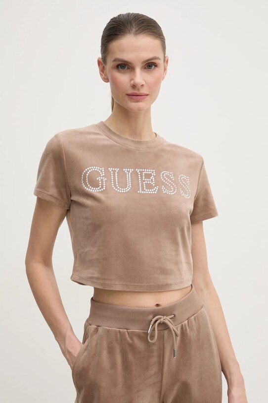 Guess tricou din velur COUTURE bej V3BI01.KBXI2