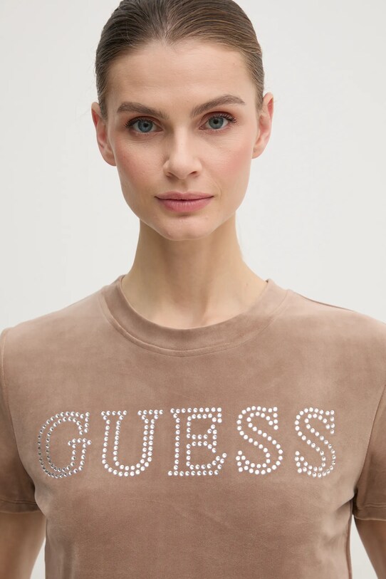 Guess tricou din velur COUTURE bej V3BI01.KBXI2
