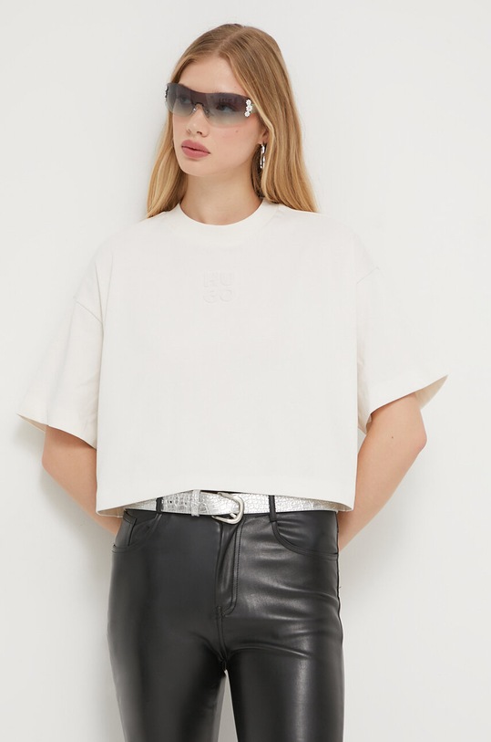 HUGO t-shirt bawełniany nadruk beżowy 50500450