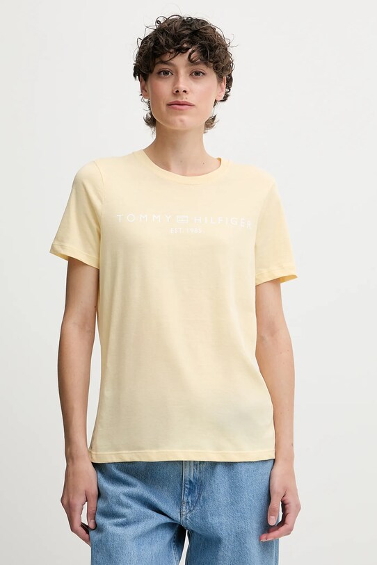 Bombažna kratka majica Tommy Hilfiger Potisk rumena WW0WW40276