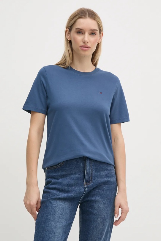 Bavlněné tričko Tommy Hilfiger hladký modrá WW0WW39848