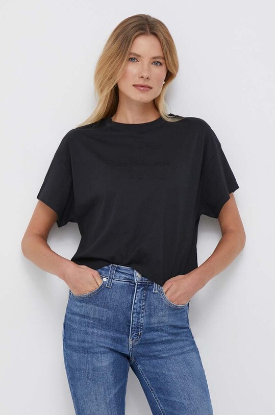 Bombažna kratka majica Calvin Klein Jeans Okrogel črna J20J222040