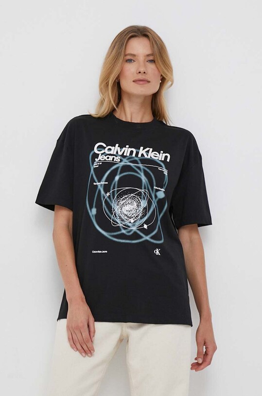 Bombažna kratka majica Calvin Klein Jeans Okrogel črna J20J222047