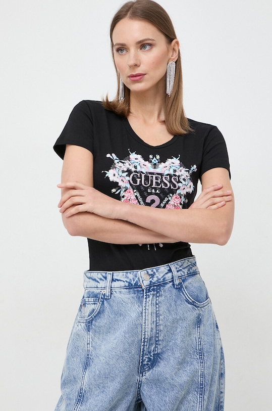 Guess t-shirt FLOWERS z elastanem czarny W4RI38.J1314