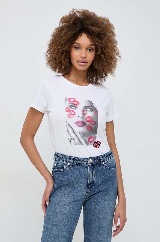 Guess t-shirt bawełniany LIPSTICK KISSES nadruk biały W4RI20.K9RM1