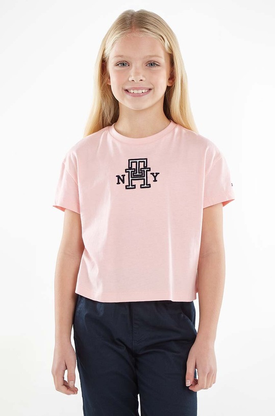 Tommy Hilfiger t-shirt bawełniany dziecięcy aplikacja różowy KG0KG07437.74.122.9BYX