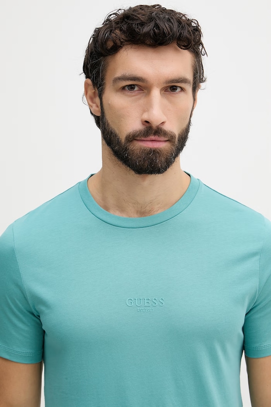 Βαμβακερό μπλουζάκι Guess AIDY τιρκουάζ M2YI72.I3Z14