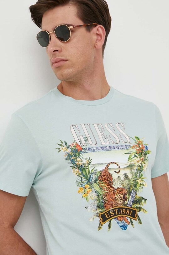 Guess t-shirt bawełniany turkusowy M3YI66.K9RM1