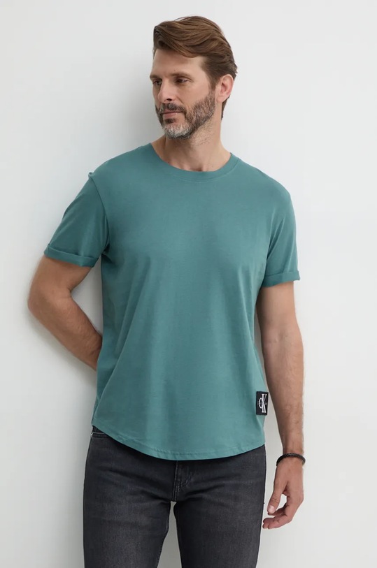 Памучна тениска Calvin Klein Jeans щампа тюркоазен J30J323482
