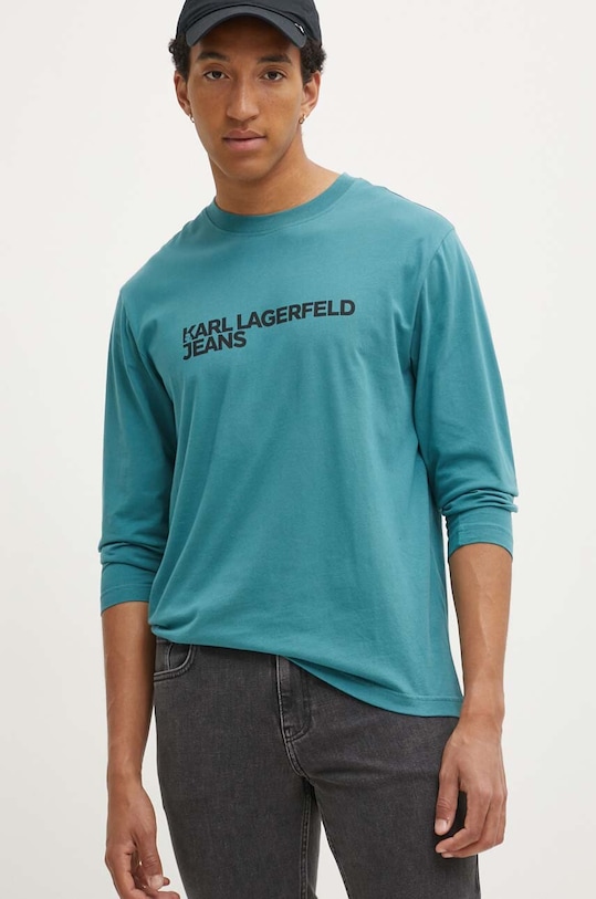 Bavlnené tričko s dlhým rukávom Karl Lagerfeld Jeans potlač tyrkysová 235D1708