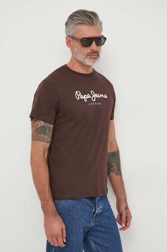 Pepe Jeans t-shirt bawełniany EGGO brązowy PM508208.874