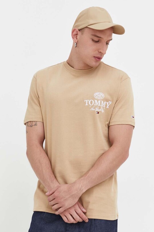 Βαμβακερό μπλουζάκι Tommy Jeans μπεζ DM0DM17731