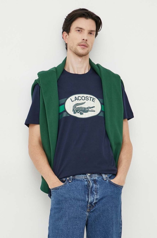 Bavlněné tričko Lacoste kulatý námořnická modř TH1415