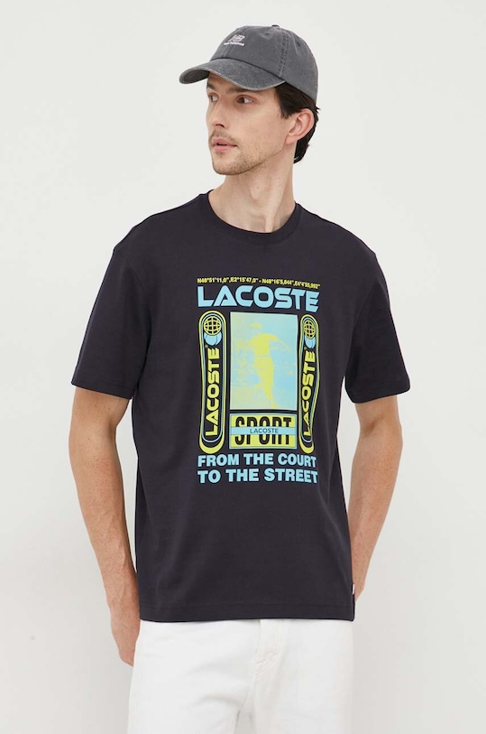 Βαμβακερό μπλουζάκι Lacoste στάμπα σκούρο μπλε TH5642