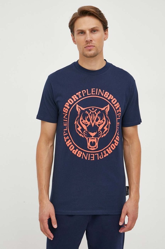 PLEIN SPORT t-shirt bawełniany nadruk granatowy AACC.MTK6550.SJY001N