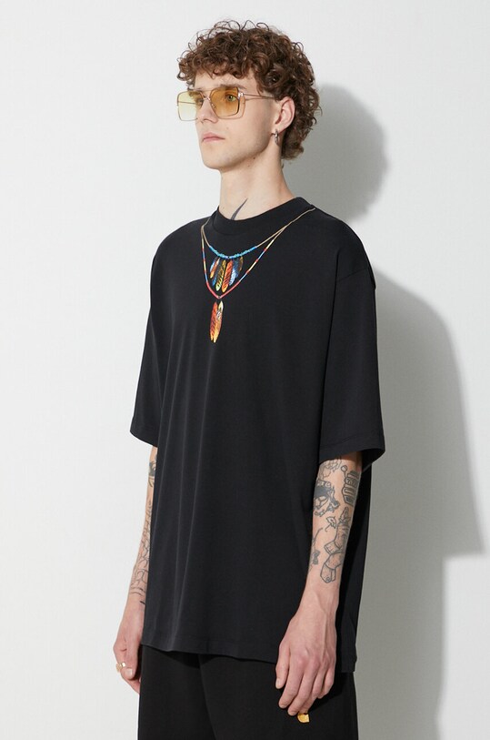 Marcelo Burlon tricou din bumbac Feathers Necklace negru CMAA054C99JER0021025