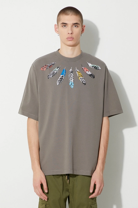 Bavlněné tričko Marcelo Burlon Collar Feathers kulatý šedá CMAA054C99JER0035609