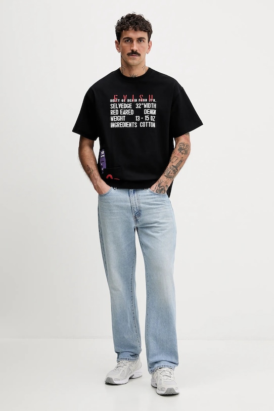 Evisu t-shirt bawełniany Slogan and Poster Print 2EAHTM3TS8056LFCT czarny AW23