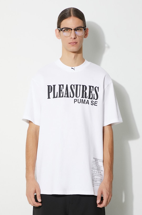 Odzież Puma t-shirt bawełniany PUMA x PLEASURES Typo Tee 620878 biały