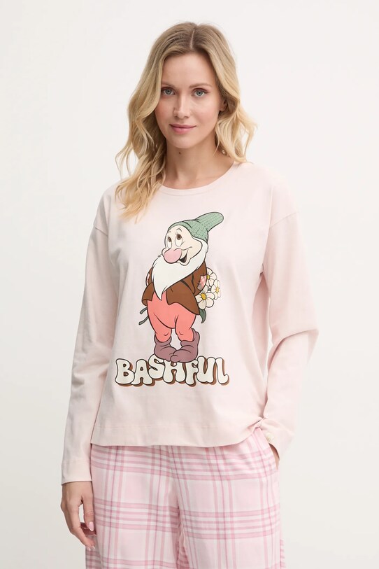 Βαμβακερή μπλούζα πιτζάμας με μακριά μανίκια United Colors of Benetton x DISNEY στάμπα ροζ 34NB3M07I