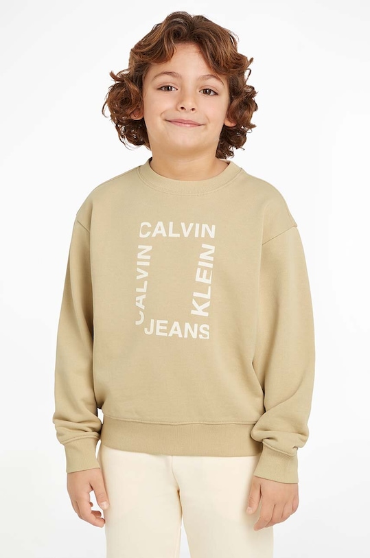 Dětská bavlněná mikina Calvin Klein Jeans bez kapuce béžová IB0IB02133.9BYH