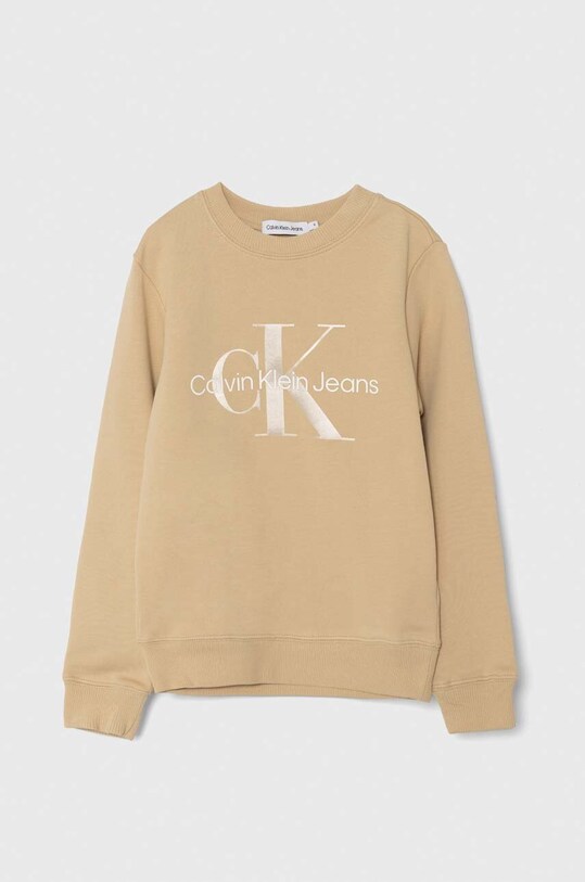 Dětská bavlněná mikina Calvin Klein Jeans bez kapuce béžová IU0IU00602.9BYH