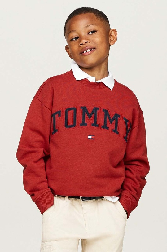 Dětská bavlněná mikina Tommy Hilfiger bez kapuce červená KB0KB09119.9BYH.128.176