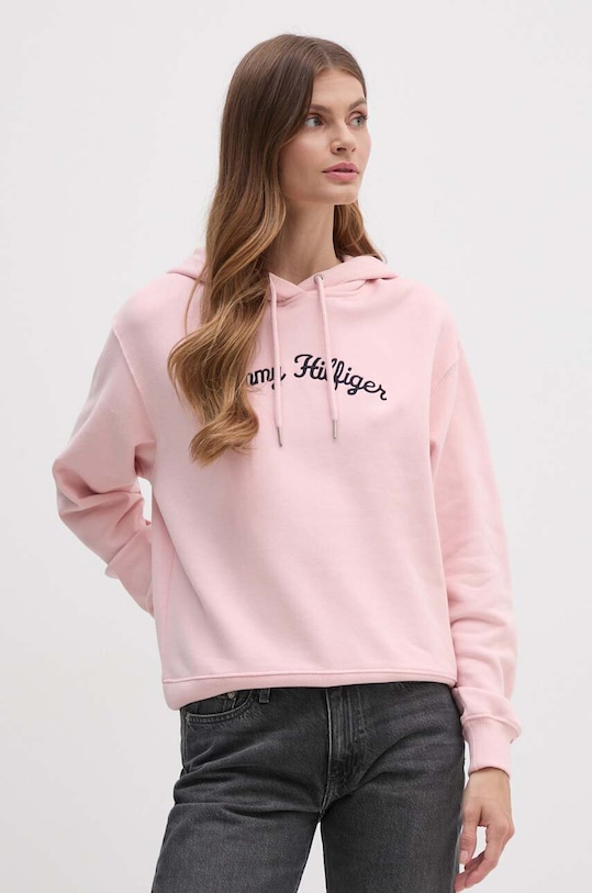 Bavlněná mikina Tommy Hilfiger s kapucí růžová WW0WW42612