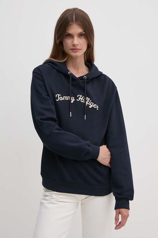Bavlněná mikina Tommy Hilfiger s kapucí námořnická modř WW0WW42612